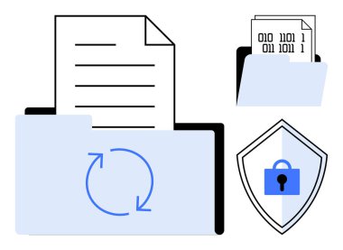 Dosyalar, güvenli veri korumasını gösteren bir kalkan kilidi simgesi olan klasörler arasında güvenli bir şekilde aktarılıyor. Siber güvenlik, veri yönetimi, dosya paylaşımı, dijital güvenlik, yedek süreçler için ideal