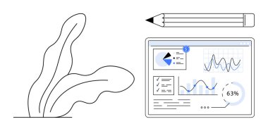 Veri odaklı gösterge paneli çizelgeler ve grafikler, yaratıcılık için kalem ve sürdürülebilirlik için yaprak sembolü. Analiz, yaratıcılık, strateji, doğa, teknoloji büyüme verimliliği için idealdir. Düz