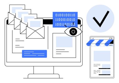 E- posta, ikili kod, göz simgesi, mobil cihaz ve işaretli bilgisayar ekranı. Siber güvenlik, e-posta güvenliği, veri yönetimi, çevrimiçi doğrulama dijital izleme dairesi için ideal