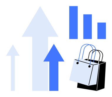Yukarı bakan oklar, büyümeyi gösteren çubuk grafikler ve alışveriş torbaları e-ticarette artış gösteriyor. Çevrimiçi pazarlama, perakende trendler, iş büyümesi, satış analizleri ve ekonomik ilerleme için ideal