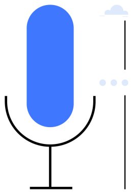 Ses girişini, bulut depolamasını ve ses kontrolünü sembolize eden sürgülü ve noktalı mavi mikrofon ve bulut simgesi. Teknoloji, iletişim, kayıt, yapay zeka, ses tanıma, dijital asistan için ideal