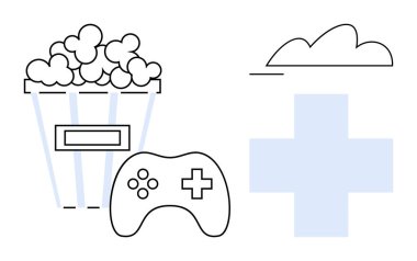 Artı sembollü oyun kumandası, patlamış mısır kutusu, bulut. Eğlence, oyun, medya, teknoloji, canlı sağlık yaratıcılığı için ideal. Düz basit metafor