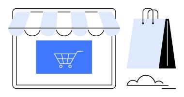Tenteli dijital mağaza önü, ekranda el arabası simgesi ve alışveriş çantası. E-ticaret, çevrimiçi alışveriş, perakende, dağıtım hizmeti, pazar analizi, küçük işletme ve pazarlama kavramları için ideal