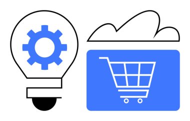 Teçhizatlı, bulutlu ve alışveriş arabalı ampul online alışveriş, yenilik ve bulut hesaplamasını vurguluyor. E-ticaret, iş stratejisi, dijital dönüşüm ve teknoloji perakendecisi için ideal