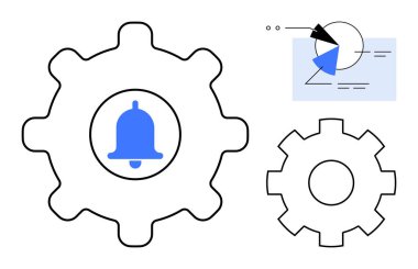 Merkezi uyarı çanı sembolü ve soyut grafik görüntüsü olan dişliler. Teknoloji, verimlilik, uygulama özelleştirme, uyarı yönetimi, otomasyon, iş akışı, veri analiz kavramları için idealdir. Düz