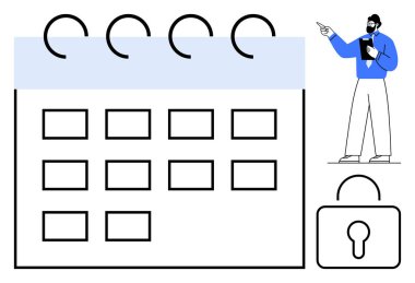 Kilit sembollü büyük bir takvim ve onu işaret eden bir erkek profesyonel güvenli bir program öneriyor. Planlama, üretkenlik, mühlet, organizasyon, veri gizliliği, iş akışı için ideal, düz basit