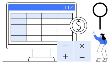 Hesap simgeleri, dolar işareti sembolü, büyüteç ve odak noktasını gösteren bir kullanıcı içeren masaüstü hesap tablosu. Finans, muhasebe, bütçe, analitik, verimlilik beyanı için ideal basit