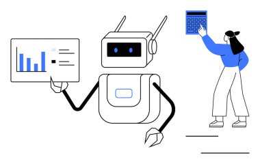 Ekranda analitik gösteren robot, hesap makinesi tutan kadın takım çalışmasını, teknolojiyi ve yeniliği sembolize ediyor. Yapay zeka, otomasyon, veri analizi, işbirliği, eğitim verimliliği için ideal