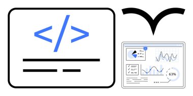 Mavi HTML parantezleri ile kodlama arayüzü, yukarıdaki ok ve grafik ve grafiklerle analitik gösterge paneli. Programlama, veri analizi, ilerleme, yenilik, teknoloji, eğitim dairesi için ideal