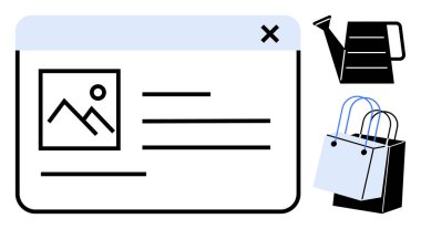 Web sayfası arayüzü resim ve metin tutucuları, bitişik sulama kutusu ve alışveriş torbaları. E-ticaret, web tasarımı, çevrimiçi alışveriş, dijital pazarlama, kullanıcı arayüzü, perakende bahçe işleri için ideal