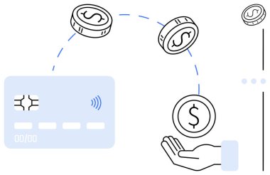 Kredi kartı, bozuk paraların açık bir avuç içine aktarıldığını gösteriyor. Finans, tasarruf, bankacılık, teknoloji, e-ticaret, işlemler, dijital ekonomi için ideal. Düz basit metafor