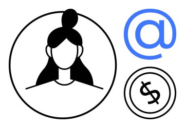 Mavi e-posta ve siyah para birimi simgelerinin yanında daire içinde minimalist kadın avatarı. Kullanıcı profili, dijital kimlik, çevrimiçi iletişim, finans, pazarlama, e-ticaret ve ağ oluşturma için ideal