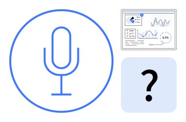 Mikrofon simgesi, grafikli analitik gösterge paneli, mavili sorgulama simgesi. Yapay zeka, ses yardımı, veri analizi, konuşma tanıma, teknoloji, dijital araçlar için ideal düz bir metafor