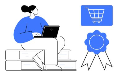 Dizüstü bilgisayarda yazan kitaplar, mavi alışveriş arabası ikonu ve ödül kurdelesi olan bir kadın. Öğrenmek için ideal, çevrimiçi alışveriş, başarı, eğitim, e-ticaret sertifikası motivasyonu. Düz basit
