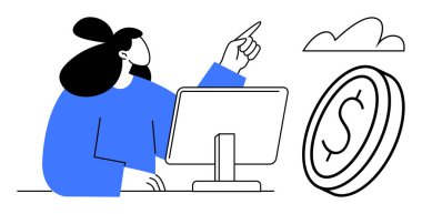 Bilgisayarla uğraşan kişi, madeni paranın yanındayken bulutu işaret ediyor. Yenilik, teknoloji, başarı, strateji, finans, dijital ticaret ve yükselen büyüme temaları için idealdir. Düz basit