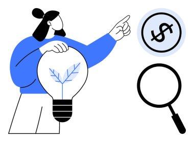 Kadın elinde filizlenen bir yaprak ile ampulü tutuyor, büyüteçle çevrelenmiş bir dolar işaretini işaret ediyor. Yenilik, finans, çevre dostu fikirler, vizyon, araştırma, büyüme için ideal