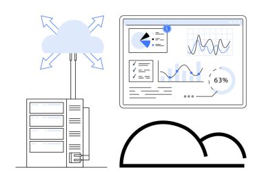 Okları veri yüklemesini gösteren bir sunucuya bağlı bulut, grafik, grafik, grafik, ilerleme ve yüzdeyi gösteren analitik gösterge paneli. Bulut hesaplama, veri depolama, analitik ve dijital için ideal