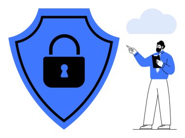 Güvenlik ve korumayı sembolize eden asma kilitli mavi bir kalkan. Resmi giyinmiş bir adam bulutu işaret ediyor. Siber güvenlik, gizlilik, teknoloji, iş, güvenlik, veri koruması için ideal