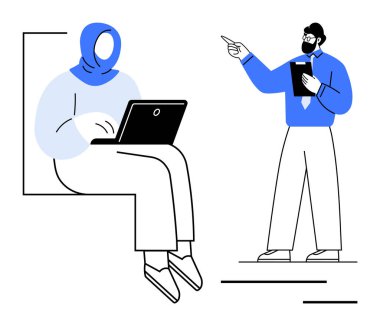 Dizüstü bilgisayarında eşarplı bir kadın çalışırken, elinde not defteri olan bir adam işbirliği öneriyor. Takım çalışması, uzaktan çalışma, iletişim, akıl hocalığı, verimlilik, beyin fırtınası, düz çalışma için ideal