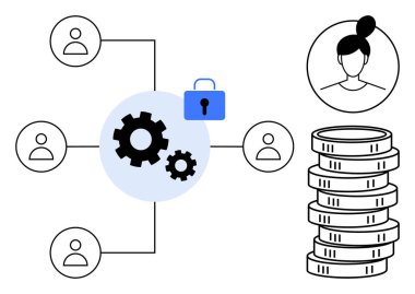 Dişlilere bağlı kullanıcı ağı, kilit sembolü, kullanıcı profili ve istiflenmiş paralar. Siber güvenlik, takım işbirliği, mahremiyet, finansal güvenlik kullanıcısı dijital ekonomiye erişim için idealdir. Düz