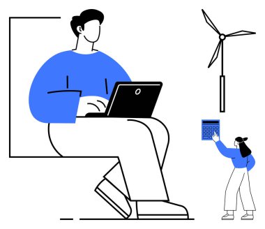 Yakınlarda oturan bir dizüstü bilgisayar, yenilenebilir enerjiyi sembolize eden bir tablet ve rüzgar türbini kullanan biri. Uzak çalışma, takım çalışması, sürdürülebilirlik, teknoloji, yenilik ve enerji için ideal