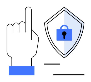 Eller yukarı doğru, kilidi olan bir kalkanın yanında. Siber güvenlik, veri koruması, gizlilik, dijital güvenlik, çevrimiçi güvenlik, bilgi güvenliği ve güvenli erişim için ideal. Soyut çizgi