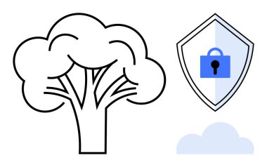 Ağaç çizgisi, mavi kilit ikonlu kalkan, küçük bulut silueti. Siber güvenlik, çevre koruma, veri güvenliği, bulut depolama, sürdürülebilirlik, doğa koruma ve teknoloji için ideal