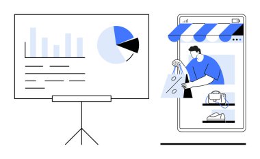 Adam mobil bir uygulama üzerinden dükkan önü ile alışveriş yapıyor. Komşu, grafikleri ve pasta grafiğini gösteren bir veri ekranı. E-ticaret, veri analizi, çevrimiçi alışveriş, iş stratejisi, analitik ve pazar için ideal