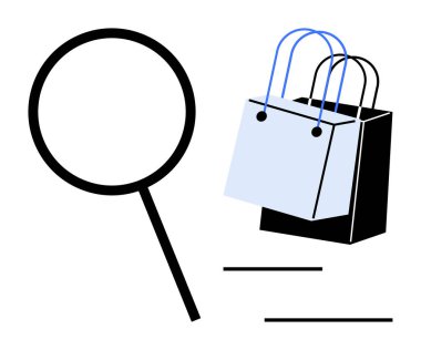 Büyüteç ve alışveriş torbaları ürün aramasını, keşfi ve alımını simgeliyor. Çevrimiçi alışveriş, e-ticaret, tüketici davranışı, perakende satış analizi, dijital pazarlama, ürün kaynaklama için ideal