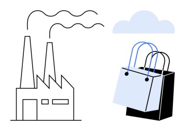 Sanayi fabrikası bulutun altında iki alışveriş çantasının yanında duman yayıyor. Üretim, tüketim, ticaret, kirlilik, perakende sanayi, bağımlılık ve ekonomi kavramları için idealdir. Soyut çizgi