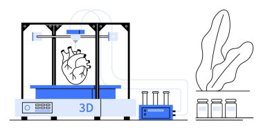 3D yazıcı, laboratuvar aletleri, test tüpleri, bitkiler ve biyokimya ekipmanlarıyla çevrili bir insan kalbi modeli yapıyor. Sağlık, yenilik, biyoteknoloji, eğitim sürdürülebilirlik araştırması için ideal