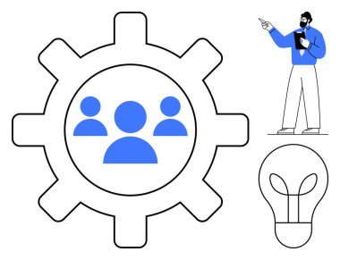 Takım ikonlu vites, fikirleri sunan lider ve yeniliği sembolize eden ampul. Takım çalışması, liderlik, işbirliği, problem çözme, yenilik stratejisi ve fikir üretimi için ideal. Düz