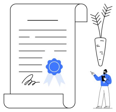 Mühürlü imzalı sertifika, büyük havuç illüstrasyonu ve tartışma uzmanı. Sertifika, tarım, sürdürülebilirlik, organik tarım, eğitim, eko-bilinç hedef belirleme için ideal