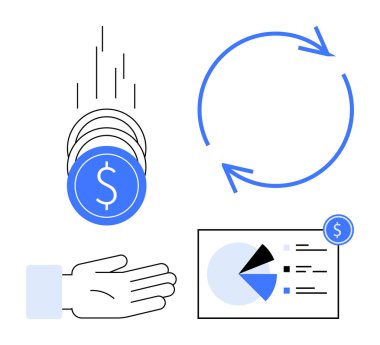 Hareket halindeki sikkeler, döngüleri sembolize eden dairesel oklar, veriyi temsil eden açık eller ve görselleştiren analitik grafikler. Finans, yatırım, iş, ekonomi ve ticaret için ideal