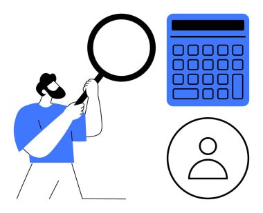 Büyüteç tutan adam, büyük hesap makinesi ve insan profili ikonu. Analiz, araştırma, adam toplama, finans, dijital araçlar ağ iş stratejisi için idealdir. Düz basit metafor