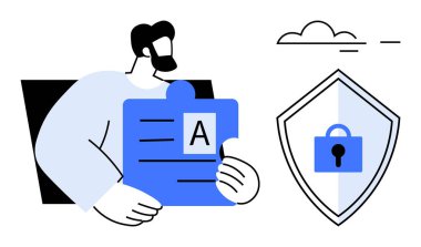 A harfli bir belge okuyan bir adam, yanında güvenli kilit simgesi ve bulutlu bir kalkan var. Veri koruması, siber güvenlik, mahremiyet, belge yönetimi, bulut depolama için ideal