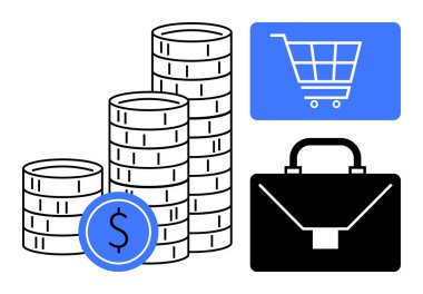 Üzerinde dolar işareti olan bozuk paralar mavi arka planda bir alışveriş arabası ve bir iş çantası. Finans, yatırım, e-ticaret, iş, tasarruf girişimcilik ekonomisi için idealdir. Düz basit