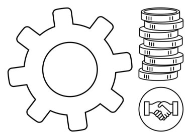 Üretkenlik için vites, finans için madeni para, anlaşma için tokalaşma ikonu. Takım çalışması, ticaret, ortaklık, mekanik, yenilikçi iş verimliliği için ideal. Düz basit metafor