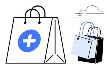 Daha küçük gri, siyah çantalar ve bulut simgesinin yanında mavi haçlı büyük beyaz bir çanta. Sağlık hizmetleri, çevrimiçi alışveriş, dağıtım hizmetleri, perakende, tıbbi malzeme, eczane ve lojistik için ideal