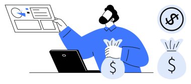 Bilgisayarın yanında para çantası tutarken istatistik tablosunu inceleyen adam. Finans, bütçe, tasarruf, ekonomi, strateji, yatırım, zenginlik yaratma temaları için idealdir. Düz basit metafor