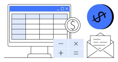 Hesap tablosunu gösteren bilgisayar monitörü temel matematik sembollü hesap makinesi dolar işareti ve harfli zarf. Finans, bütçe, muhasebe, muhasebe, ekonomi işleri için ideal