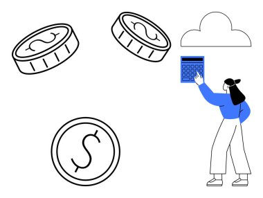 Kadın hesap makinesine basıyor, büyük paralar ve bulut grafikleriyle çevrili. Finans, bütçe, muhasebe, para biriktirme, bulut hesaplama, fintech ekonomik planlama için idealdir. Basit bir metafor.