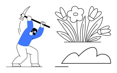 Çiçekler ve çalıların yanında kazmayla yere çarpan bir işçi. Sıkı çalışma, bahçıvanlık, doğa, sürdürülebilirlik, büyüme, çevre bakımı ve verimlilik için ideal. Düz basit metafor