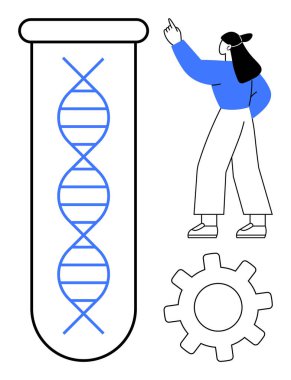 Geniş bir test tüpündeki DNA ipliğine işaret eden kadın, yeniliği temsil eden vites sembolü. Bilim, araştırma, biyoteknoloji, eğitim, teknoloji, biyoloji ekip çalışması için ideal. Düz basit