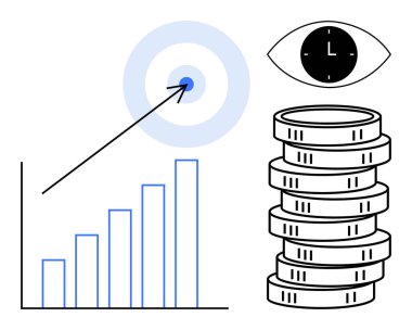 Bar grafiği büyüme eğilimi, hedefi vuran ok, bozuk para yığını ve saat gözü hedefleri, mali büyüme, yatırım, üretkenlik ve stratejileri sembolize ediyor. Ticari finans planlaması için ideal