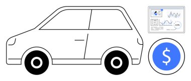 Küçük araba taslağı, grafikli mali gösterge paneli ve mavi dolar ikonu. Araba kredisi, otomotiv finansmanı, sigorta, araç satışları, analitik ekonomik trendler için ideal. Düz basit metafor