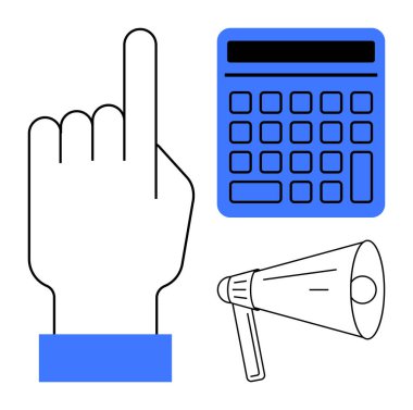 Eller yukarı, mavi hesap makinesi, megafon. Finans, pazarlama, liderlik, organizasyon, iş stratejisi karar verme eğitimi için idealdir. Temiz düz basit metafor