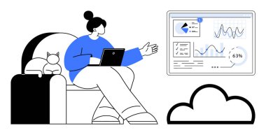 Kediyle otururken tablet kullanan kişi analitik gösterge panelini işaret ediyor. Uzaktan çalışma, teknoloji, veri analizi, bulut kullanımı, verimlilik, ev ofis dijital aletleri için ideal. Düz basit