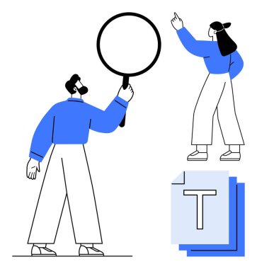 İşbirliği yapan iki kişi, biri ayrıntıları inceleyen bir büyüteç tutarken, diğeri de metin belgelerine işaret ediyor. Analiz, takım çalışması, içerik oluşturma, eğitim, araştırma için ideal