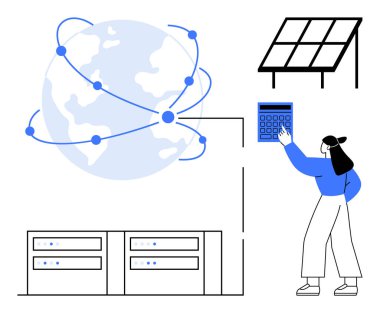 Kadın, küresel ağ bağlantısı, güneş paneli ve sunucuları incelerken enerji verilerini hesaplıyor. Sürdürülebilirlik, yenilenebilir enerji, veri yönetimi, küresel ağ ve teknoloji için ideal
